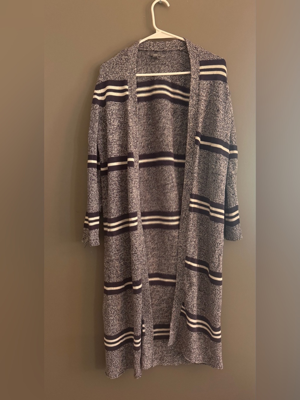 aerie Longline Open-Front Striped Cardigan - Gray, Navy, White